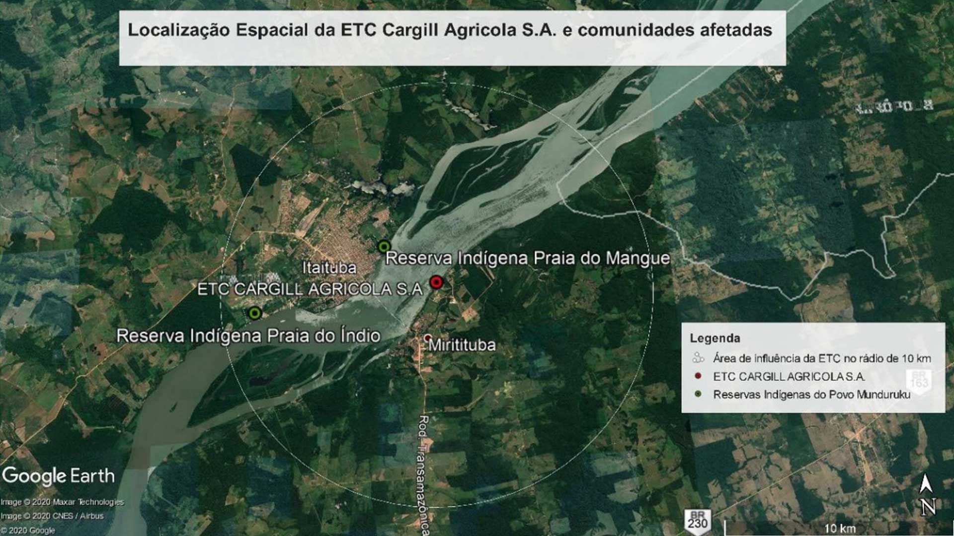 Localização espacial da ETC Cargill Agricola SA e comunidades afetadas